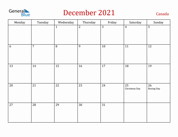 Canada December 2021 Calendar - Monday Start