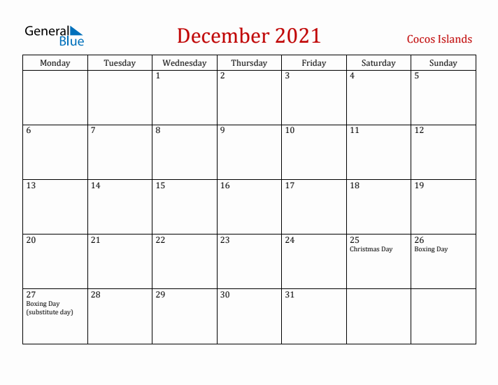 Cocos Islands December 2021 Calendar - Monday Start