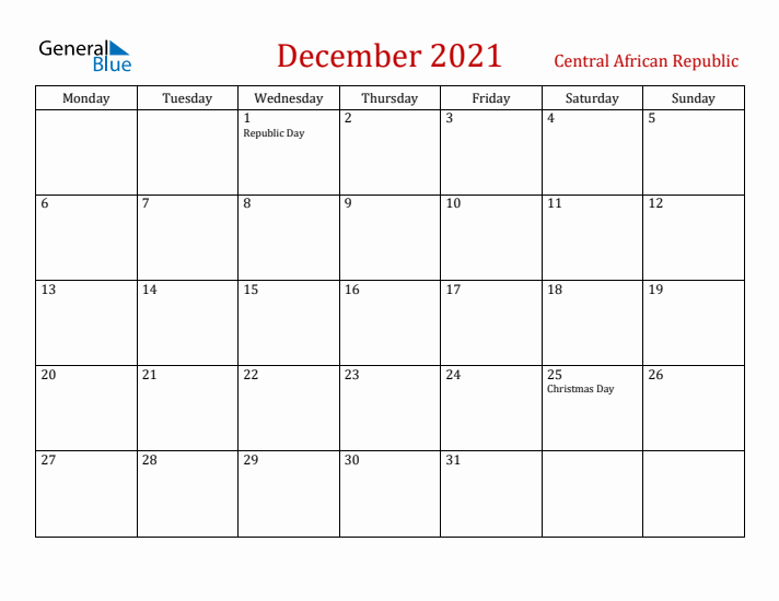 Central African Republic December 2021 Calendar - Monday Start