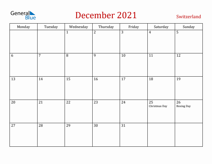 Switzerland December 2021 Calendar - Monday Start