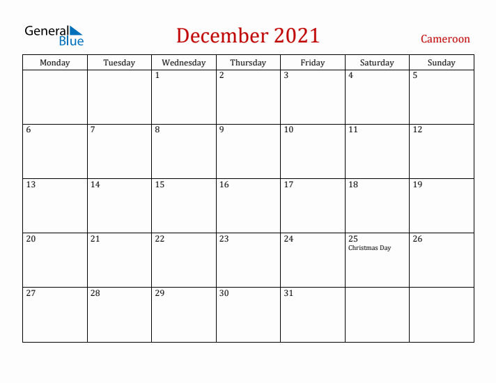 Cameroon December 2021 Calendar - Monday Start