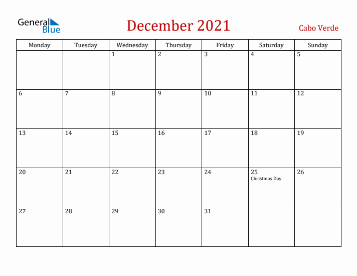 Cabo Verde December 2021 Calendar - Monday Start
