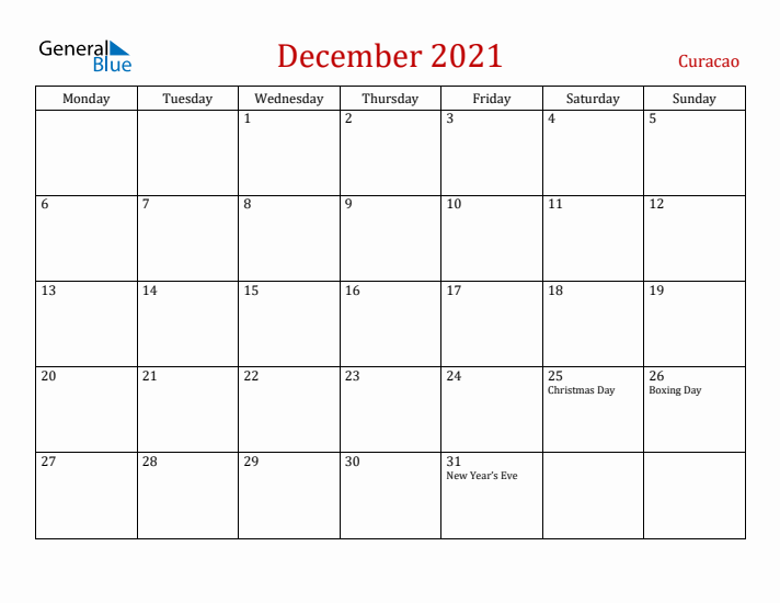 Curacao December 2021 Calendar - Monday Start