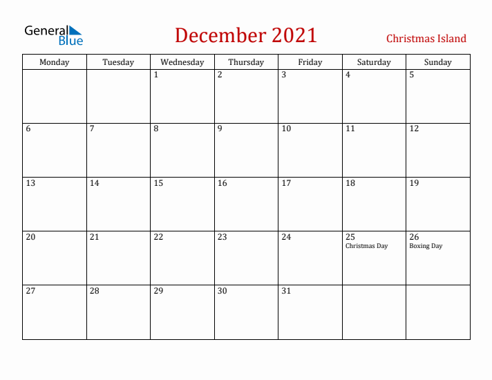 Christmas Island December 2021 Calendar - Monday Start