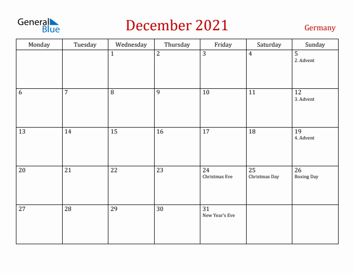 Germany December 2021 Calendar - Monday Start