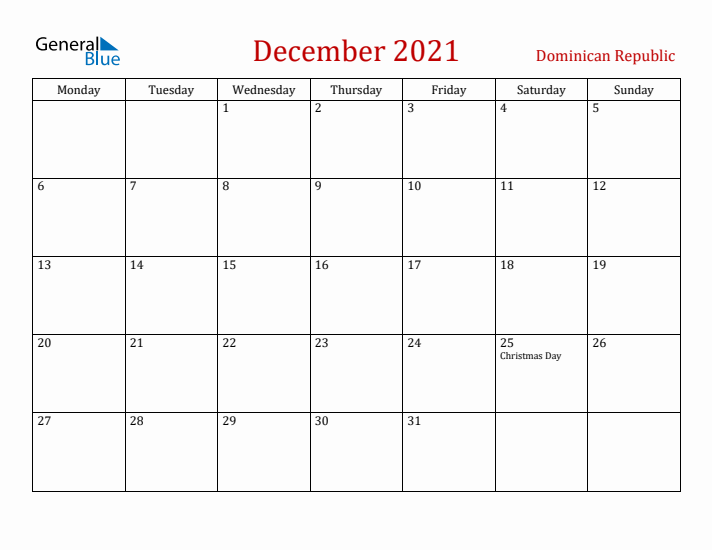Dominican Republic December 2021 Calendar - Monday Start