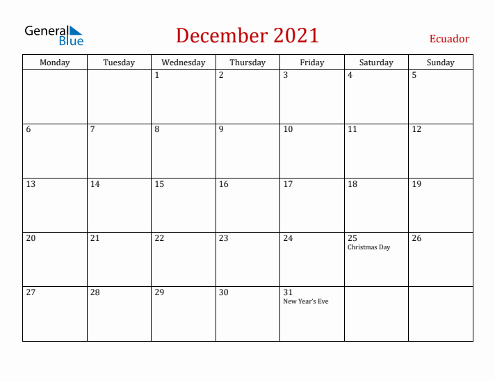 Ecuador December 2021 Calendar - Monday Start