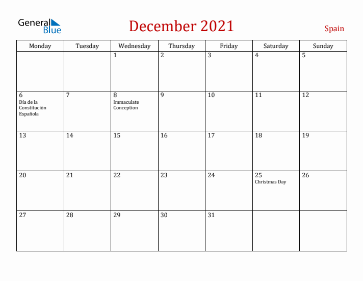 Spain December 2021 Calendar - Monday Start
