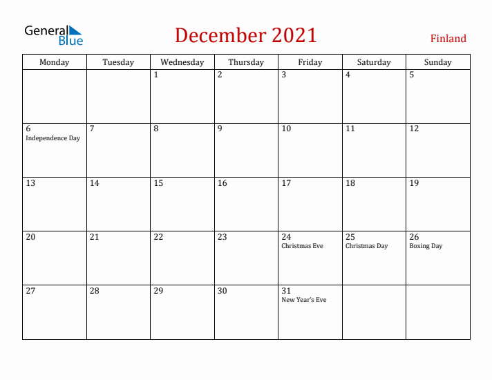 Finland December 2021 Calendar - Monday Start