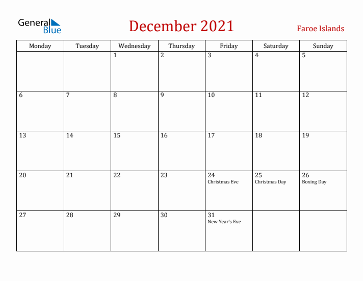 Faroe Islands December 2021 Calendar - Monday Start