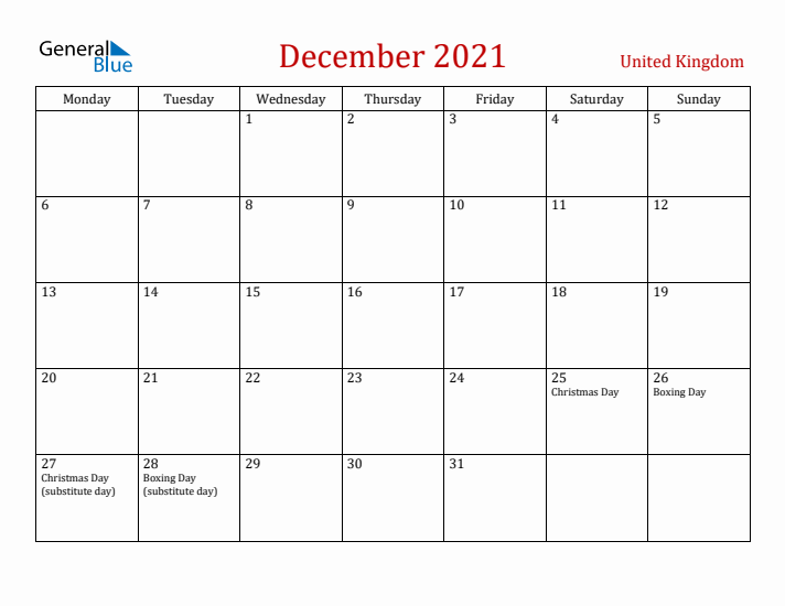 United Kingdom December 2021 Calendar - Monday Start
