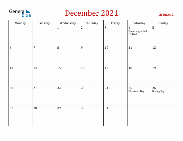 Grenada December 2021 Calendar - Monday Start