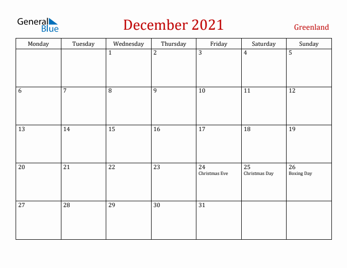 Greenland December 2021 Calendar - Monday Start