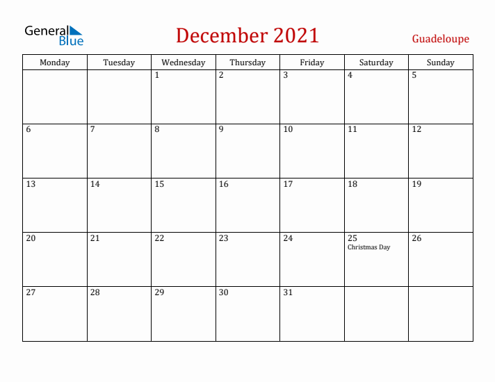 Guadeloupe December 2021 Calendar - Monday Start