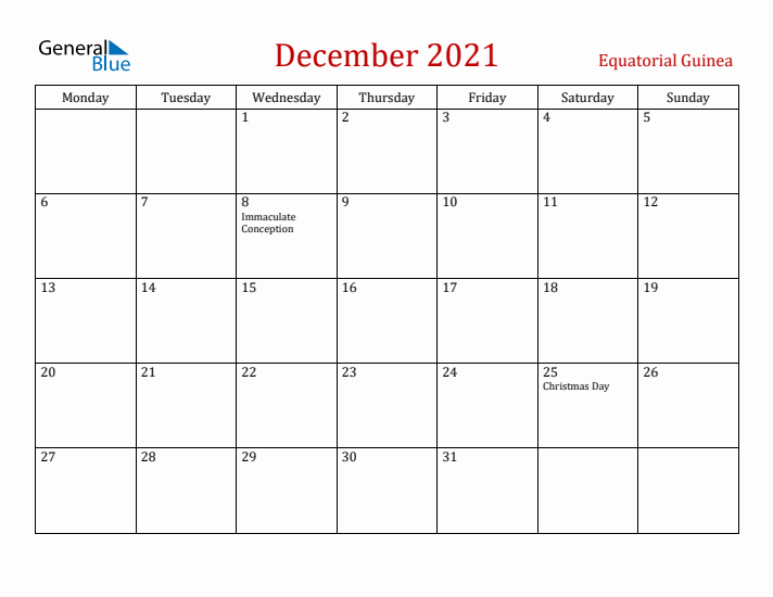 Equatorial Guinea December 2021 Calendar - Monday Start