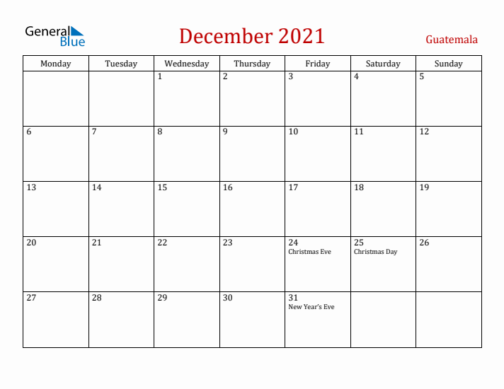 Guatemala December 2021 Calendar - Monday Start