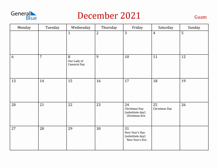 Guam December 2021 Calendar - Monday Start