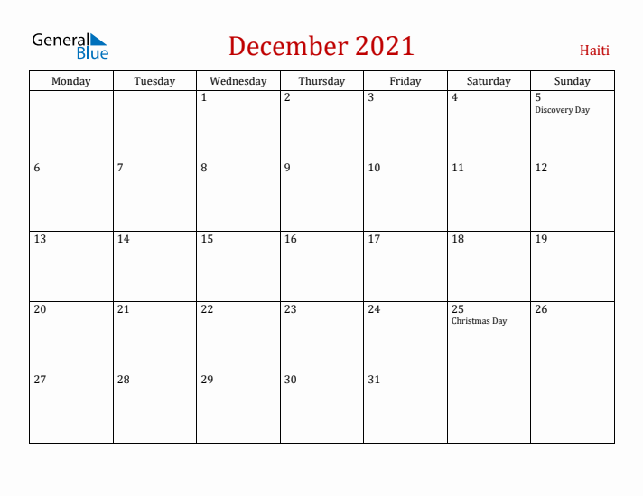 Haiti December 2021 Calendar - Monday Start