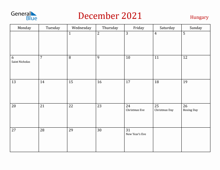 Hungary December 2021 Calendar - Monday Start