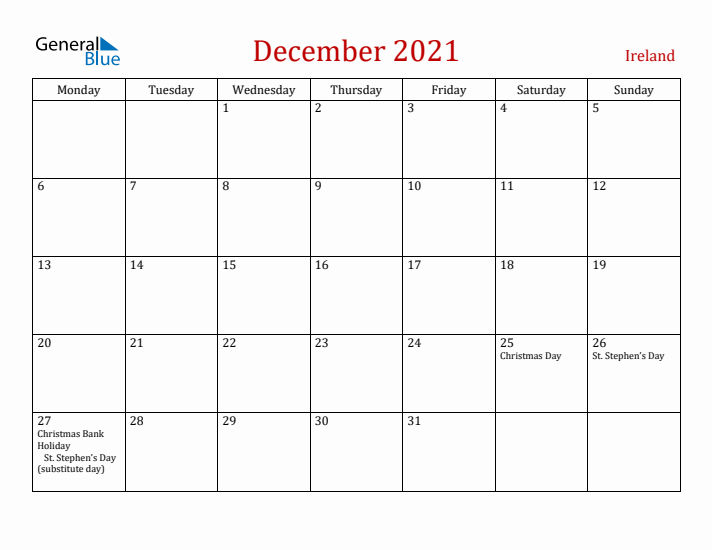 Ireland December 2021 Calendar - Monday Start
