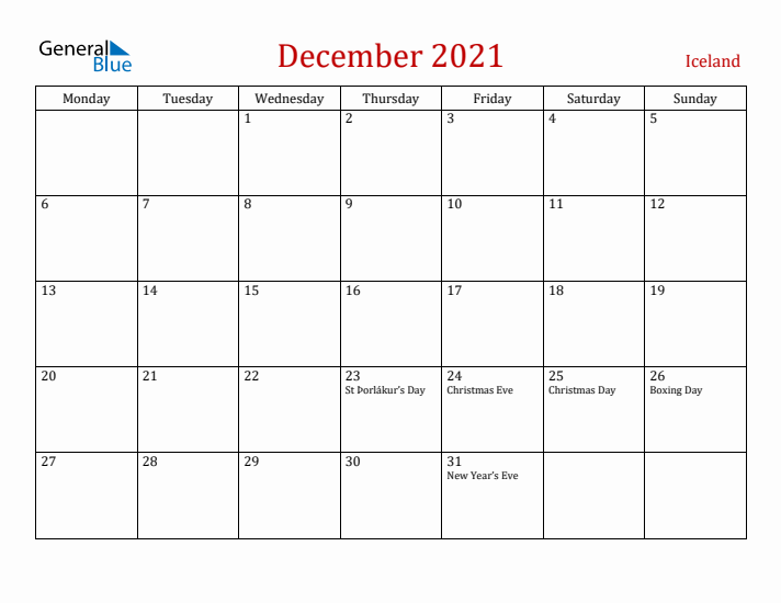 Iceland December 2021 Calendar - Monday Start