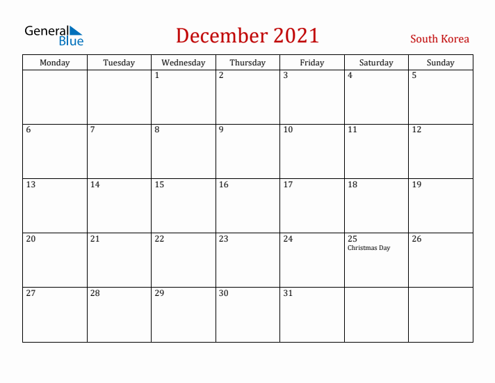 South Korea December 2021 Calendar - Monday Start