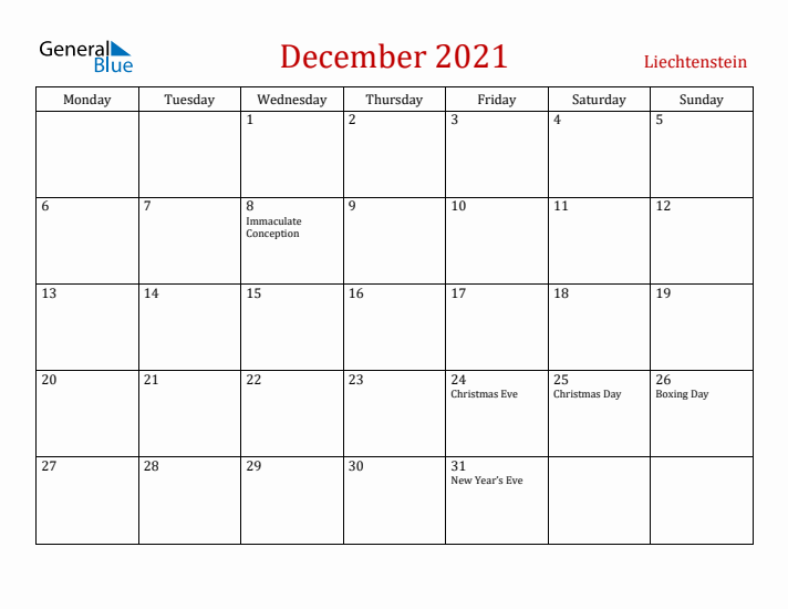 Liechtenstein December 2021 Calendar - Monday Start