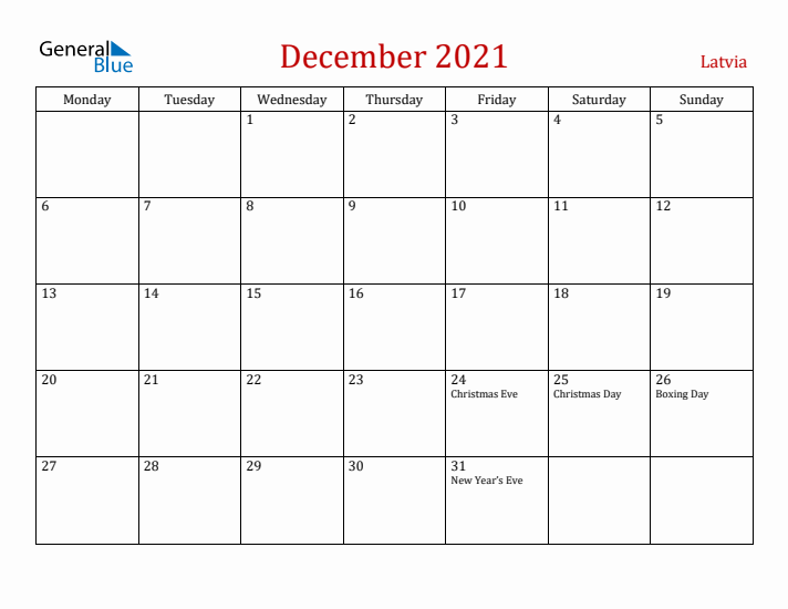 Latvia December 2021 Calendar - Monday Start