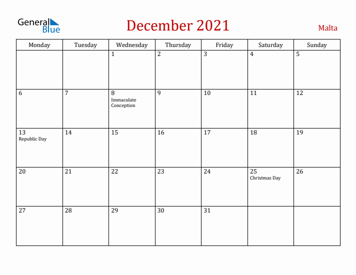 Malta December 2021 Calendar - Monday Start