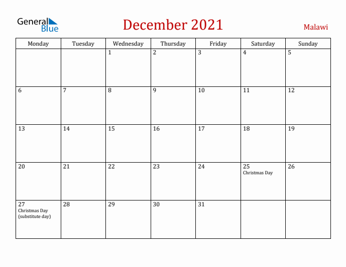 Malawi December 2021 Calendar - Monday Start