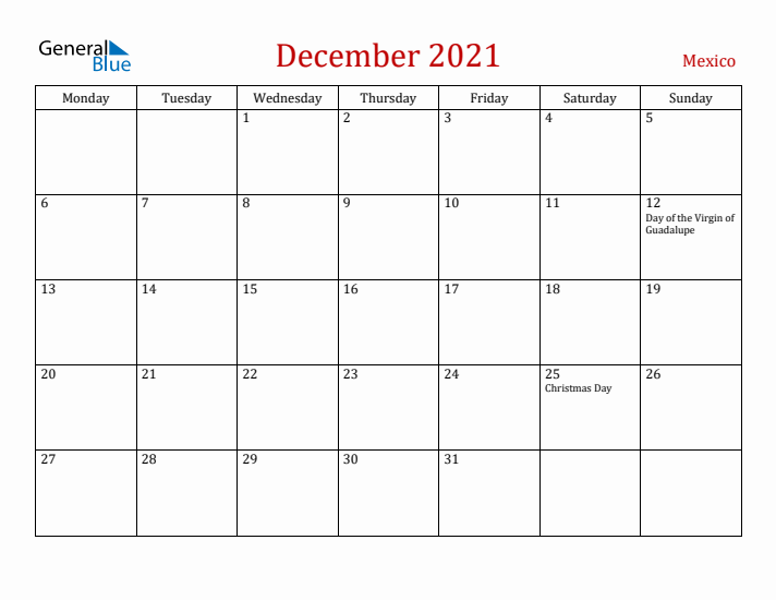 Mexico December 2021 Calendar - Monday Start