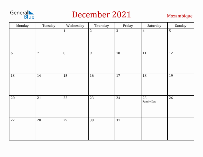 Mozambique December 2021 Calendar - Monday Start