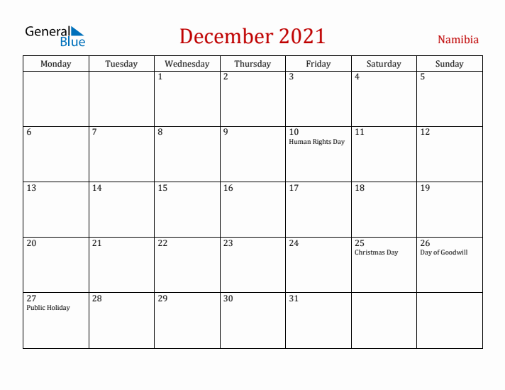 Namibia December 2021 Calendar - Monday Start
