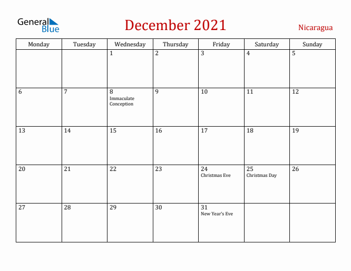 Nicaragua December 2021 Calendar - Monday Start