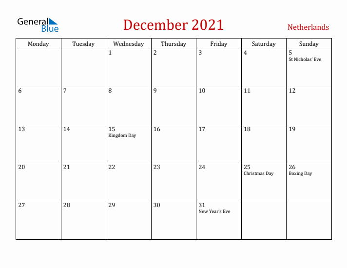The Netherlands December 2021 Calendar - Monday Start
