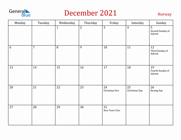 Norway December 2021 Calendar - Monday Start