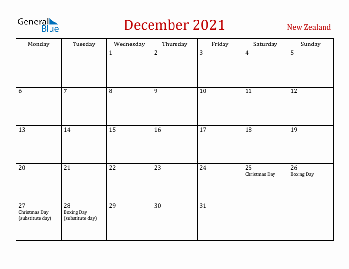 New Zealand December 2021 Calendar - Monday Start