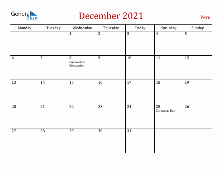 Peru December 2021 Calendar - Monday Start