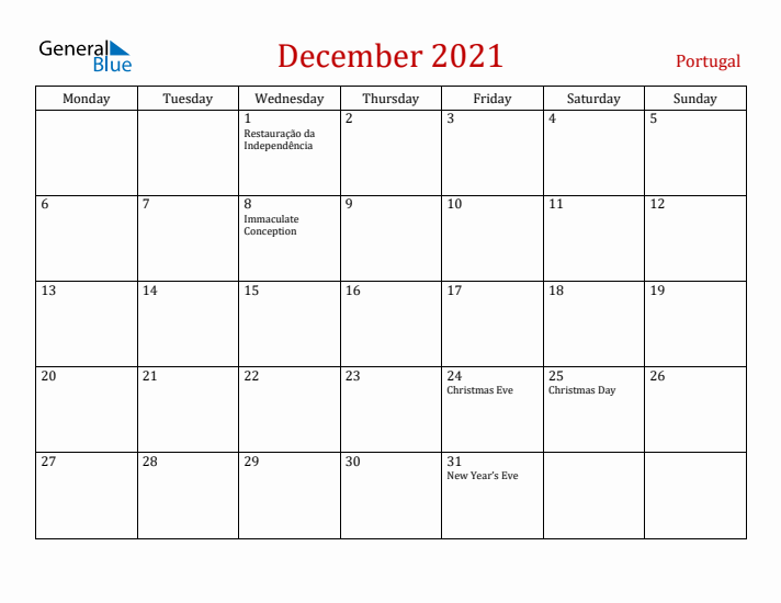 Portugal December 2021 Calendar - Monday Start