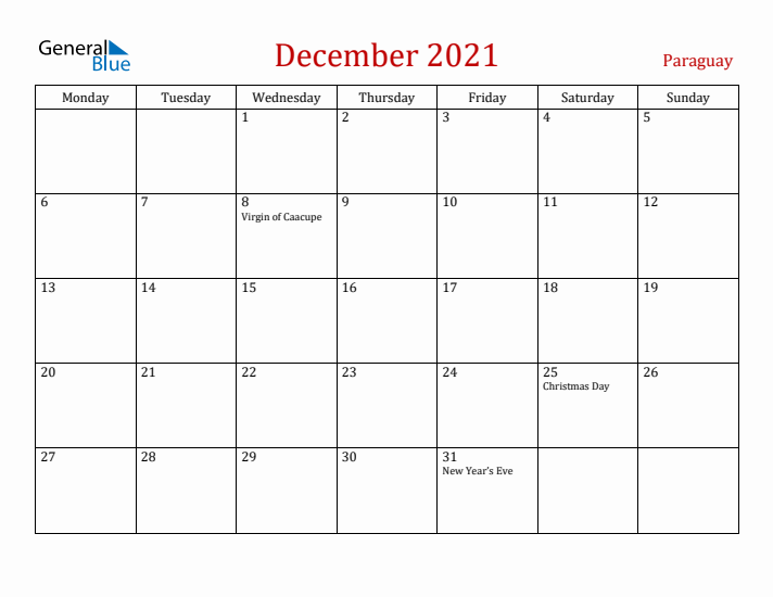 Paraguay December 2021 Calendar - Monday Start