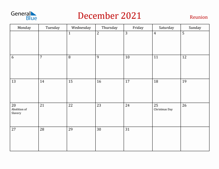 Reunion December 2021 Calendar - Monday Start