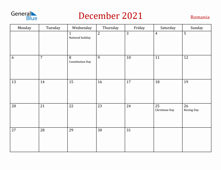 Romania December 2021 Calendar - Monday Start