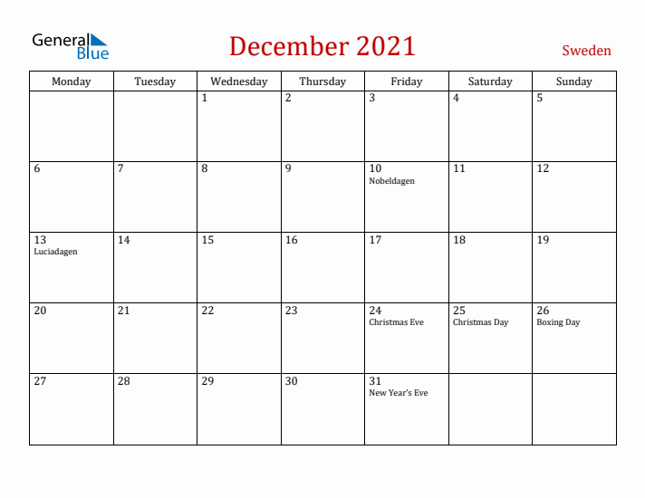 Sweden December 2021 Calendar - Monday Start