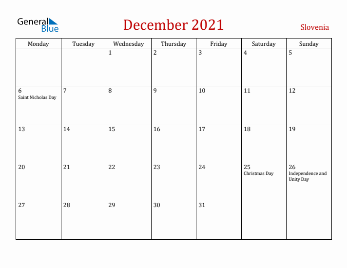 Slovenia December 2021 Calendar - Monday Start