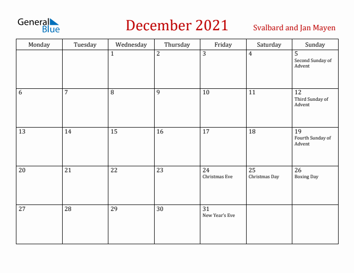 Svalbard and Jan Mayen December 2021 Calendar - Monday Start