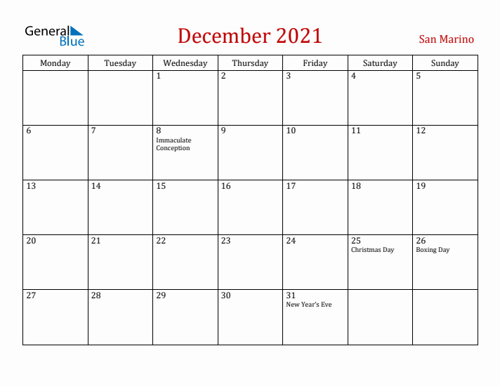 San Marino December 2021 Calendar - Monday Start