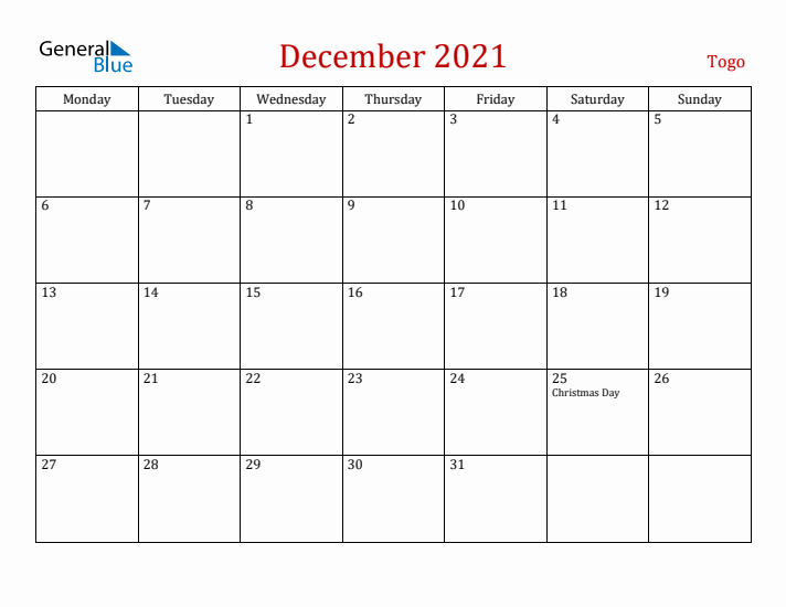 Togo December 2021 Calendar - Monday Start