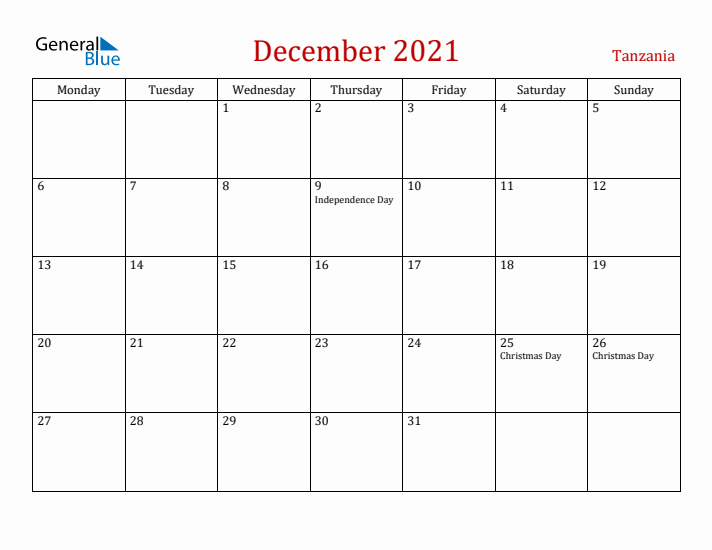 Tanzania December 2021 Calendar - Monday Start