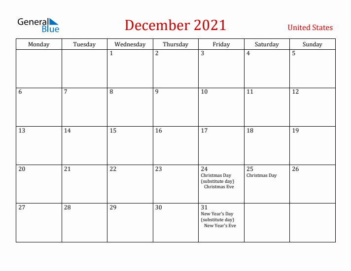 United States December 2021 Calendar - Monday Start