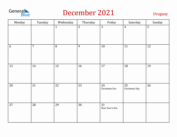 Uruguay December 2021 Calendar - Monday Start